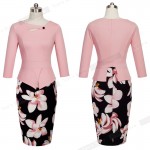 Nice-forever Autumn Print Floral Patchwork Button Casual Dress Business Three Quarter Zip Back Bodycon Summer Office Dress b288