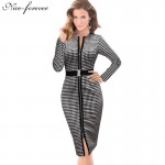 Nice-forever Autumn Zipper Pencil Dress Elegant Solid Round Neck Full Sleeve Business Women Fashion Formal Bandage Dress b230