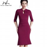 Nice-forever Autumn&Winter Solid Elegant dress work Charming Women plus size Keyhole half sleeve office Mermaid Midi Dress 823