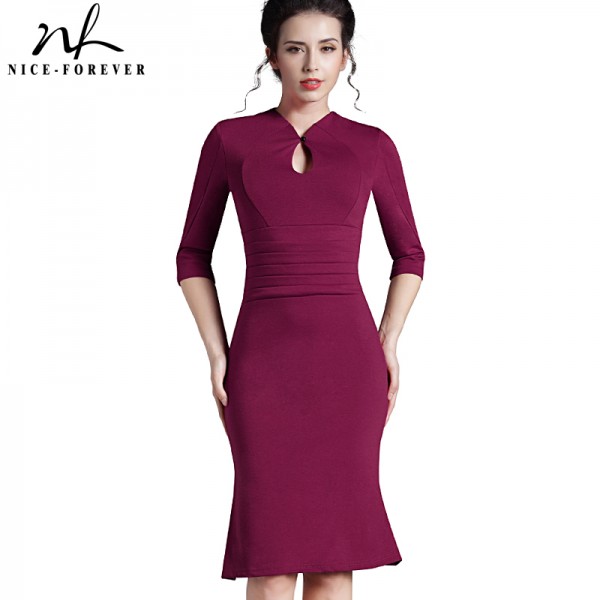 Nice-forever Autumn&Winter Solid Elegant dress work Charming Women plus size Keyhole half sleeve office Mermaid Midi Dress 823