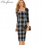 Nice-forever Casual Work Vintage dress Office Lady Solid Square Neck V Back 3/4 Sleeve Grid Sheath Slimming Pencil Dress b249