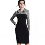 Nice-forever Elegant Vintage Fitted winter dress full Sleeve Patchwork Turn-down Collar Button Business Sheath Pencil Dress b238