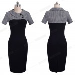 Nice-forever Elegant Vintage Fitted winter dress full Sleeve Patchwork Turn-down Collar Button Business Sheath Pencil Dress b238