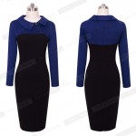 Nice-forever Elegant Vintage Fitted winter dress full Sleeve Patchwork Turn-down Collar Button Business Sheath Pencil Dress b238