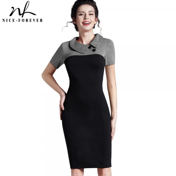 Nice-forever Elegant Vintage Fitted winter dress full Sleeve Patchwork Turn-down Collar Button Business Sheath Pencil Dress b238