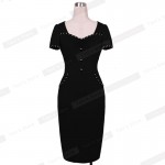 Nice-forever Fitted dress Women's summer Brief  Pinup Short Sleeve Square Neck Work Button Bodycon Chic Pencil Dress bty729