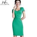 Nice-forever Fitted dress Women's summer Brief  Pinup Short Sleeve Square Neck Work Button Bodycon Chic Pencil Dress bty729