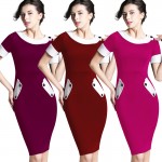 Nice-forever Ladies Office elegant Women Tunic Plus Size Work Dress button Short Sleeve Bodycon Business Pencil Midi Dress 832