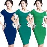 Nice-forever Ladies Office elegant Women Tunic Plus Size Work Dress button Short Sleeve Bodycon Business Pencil Midi Dress 832