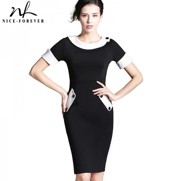 Nice-forever Ladies Office elegant Women Tunic Plus Size Work Dress button Short Sleeve Bodycon Business Pencil Midi Dress 832