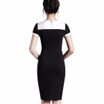 Nice-forever Ladies Woman Office elegant Black-White Patchwork Front Zipper Short Sleeve Bodycon Business Pencil Dress B295