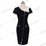 Nice-forever Ladies Woman Office elegant Black-White Patchwork Front Zipper Short Sleeve Bodycon Business Pencil Dress B295