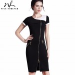 Nice-forever Ladies Woman Office elegant Black-White Patchwork Front Zipper Short Sleeve Bodycon Business Pencil Dress B295