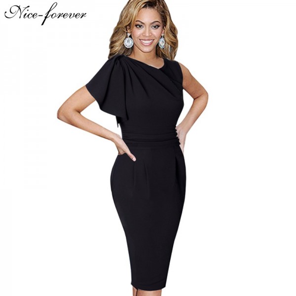 Nice-forever Lady Elegant Ruffle Sleeve Knee length Work Office Casual Slim Wiggle Pencil Sheath Bodycon Woman Dress B311