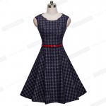 Nice-forever New Brief Elegant Ladylike Vintage Charming With Belt  Print Geometry Sleeveless Ball Gown Formal Woman Dress A011