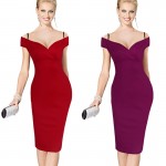 Nice-forever New Sexy Elegant Solid Stylish Casual Work Strap Slash Neck Bodycon Knee Midi Women Formal Pencil Dress B309