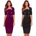 Nice-forever Office Lady formal business Pinup Elegant Lapel Square Neck Buttons Tunic Bodycon Gorgeous Midi Vintage Dress 753