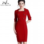 Nice-forever Office Lady formal business Pinup Elegant Lapel Square Neck Buttons Tunic Bodycon Gorgeous Midi Vintage Dress 753