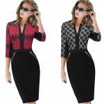 Nice-forever Office Women Zipper Plus Size fashion Patchwork V neck vestidos Wear to Work Formal bodycon Business Dress 837