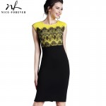 Nice-forever Patchwork Summer dress Elegant sleeveless Eyelash Lace Crochet Fitted Dress Sheath Zipper Shift pencil Dress 762