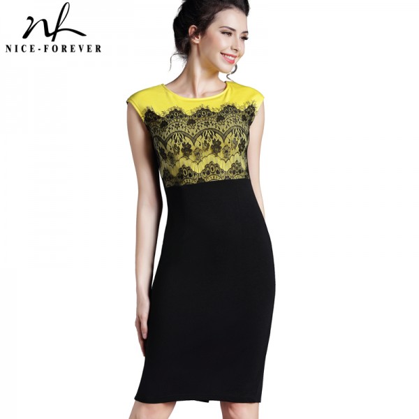 Nice-forever Patchwork Summer dress Elegant sleeveless Eyelash Lace Crochet Fitted Dress Sheath Zipper Shift pencil Dress 762