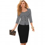 Nice-forever Plaid Sheath Work Dress Square Neck Women Button Fashion Elegant Houndstooth 3/4 Sleeve Female Pencil Dress B240