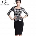 Nice-forever Plaid Sheath Work Dress Square Neck Women Button Fashion Elegant Houndstooth 3/4 Sleeve Female Pencil Dress B240