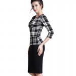 Nice-forever Plaid Sheath Work Dress Square Neck Women Button Fashion Elegant Houndstooth 3/4 Sleeve Female Pencil Dress B240