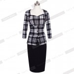 Nice-forever Plaid Sheath Work Dress Square Neck Women Button Fashion Elegant Houndstooth 3/4 Sleeve Female Pencil Dress B240