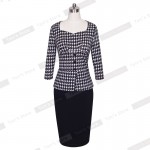 Nice-forever Plaid Sheath Work Dress Square Neck Women Button Fashion Elegant Houndstooth 3/4 Sleeve Female Pencil Dress B240