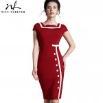 Nice-forever Plus Size Gorgeous Women Square Neck Sleeveless Button Formal Business Sheath Bodycon Vintage Pencil Midi Dress 742