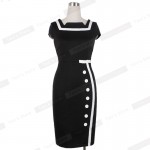 Nice-forever Plus Size Gorgeous Women Square Neck Sleeveless Button Formal Business Sheath Bodycon Vintage Pencil Midi Dress 742