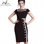 Nice-forever Plus Size Gorgeous Women Square Neck Sleeveless Button Formal Business Sheath Bodycon Vintage Pencil Midi Dress 742