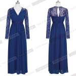 Nice-forever Sexy Blue Summer Elegant V Neck Long Lace Sleeve Fitted dress Women Fashion Slimming Chiffon Split Maxi Dress A001