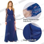 Nice-forever Sexy Blue Summer Elegant V Neck Long Lace Sleeve Fitted dress Women Fashion Slimming Chiffon Split Maxi Dress A001