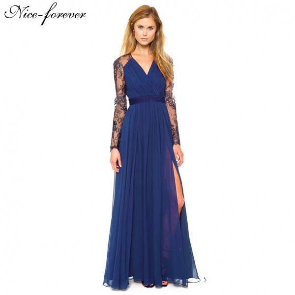 Nice-forever Sexy Blue Summer Elegant V Neck Long Lace Sleeve Fitted dress Women Fashion Slimming Chiffon Split Maxi Dress A001