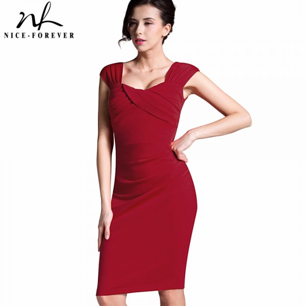 Nice-forever Summer Chic Sexy Lady Red Sleeveless Slim Vintage Charming Club Dress V Neck folded Zipper Pencil Fitted Dress B271