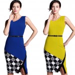 Nice-forever Summer Office Lady Sleeveless Belted Vintage Dress Irregular V Neck Patchwork Checks Zipper Pencil Fit Dress B290