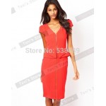 Nice-forever V neck Formal Zip dress Women Party Career Work Knee length Evening Tunic Business Party Pencil Dress 435