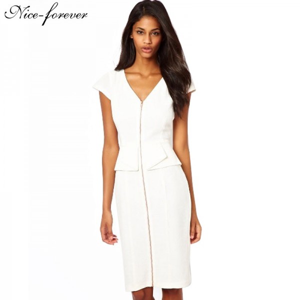 Nice-forever V neck Formal Zip dress Women Party Career Work Knee length Evening Tunic Business Party Pencil Dress 435