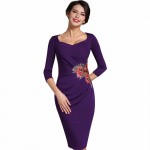 Nice-forever Vintage Applique Flower embroidery Sweat heart neck Office Dress Bodycon Female 3/4 Sleeve Sheath Women Dress B347