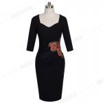 Nice-forever Vintage Applique Flower embroidery Sweat heart neck Office Dress Bodycon Female 3/4 Sleeve Sheath Women Dress B347