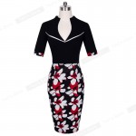 Nice-forever Vintage Flower Print Elegant Casual Work Half Sleeve Sexy Deep V-Neck Bodycon Knee Women Office Pencil Dress B322