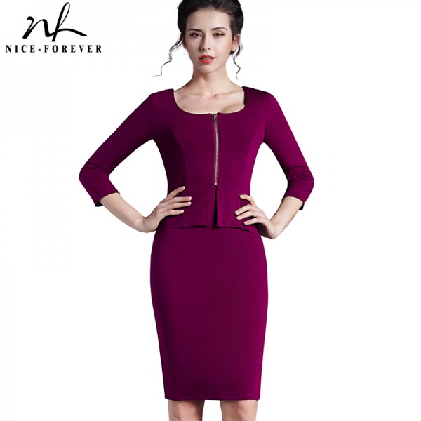 Nice-forever Vintage work 5XL Women Tunic Pencil Dress charming 3/4 sleeve office dress elegant knee length bandage dress 898