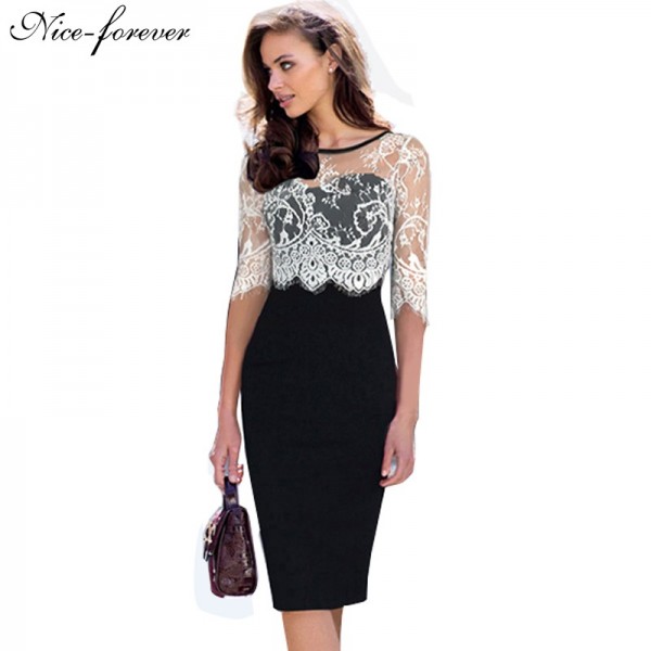 Nice-forever women vintage dress office dresses Autumn black Half White Lace Sleeve work bodycon Zipper Back pencil dress 935