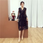 NiceMix Sexy V-neck Embroidery Dress 2018 Women Dresses Sequined Patch Elegant Party Dress Female Elastic High Waist Lace Dress