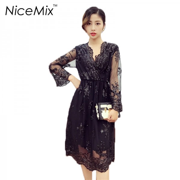 NiceMix Sexy V-neck Embroidery Dress 2018 Women Dresses Sequined Patch Elegant Party Dress Female Elastic High Waist Lace Dress