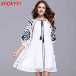 Noble Casual Mini Dress Women XXXL Summer 2017 Lantern 3/4 Sleeve Floral Embroidery Tassel National Ethnic Blue White Dress