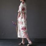 O-neck Half sleeve Flower print Linen Women Dress Loose Causal Floral Summer Midi Dress Vintage Cute Linen Brand Dresses A069