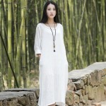 O-neck Long sleeve Cotton Linen Women Long Dress Summer Causal Brief Dress Solid Red White Army green Brand Kawaii Dresses B112